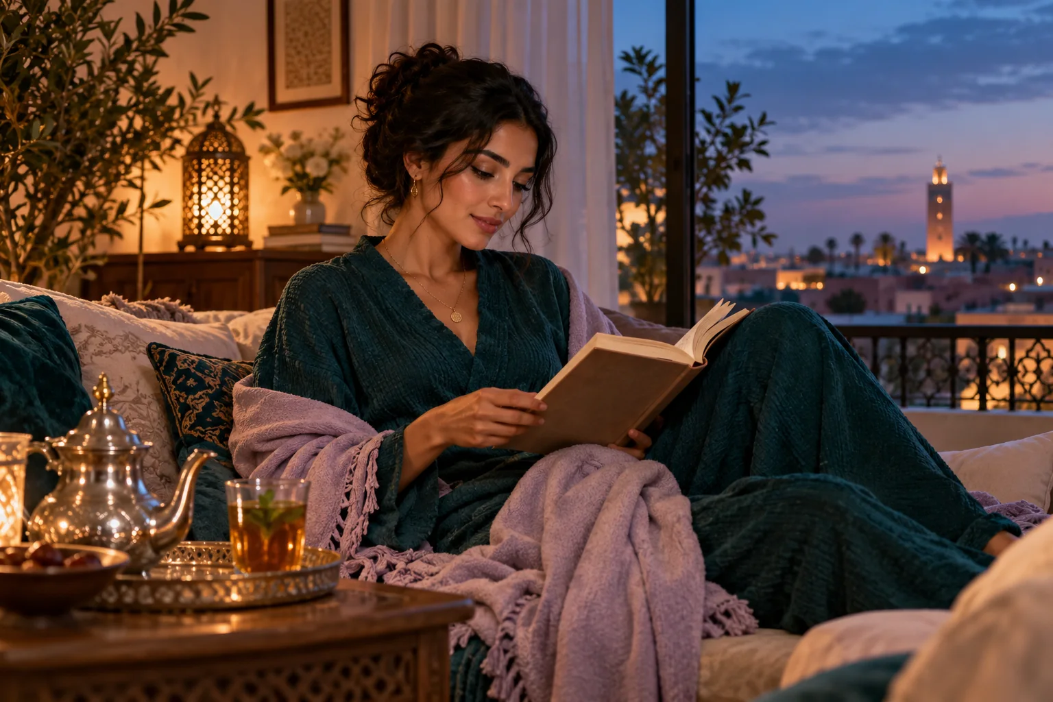 Scène de détente en soirée dans un intérieur marocain
